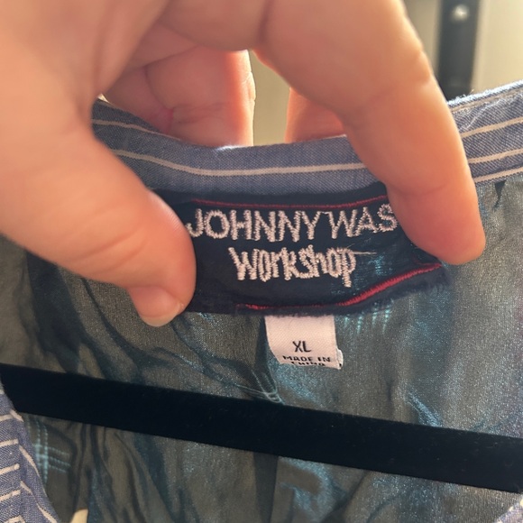 Johnny Was Blue Striped Shirt with Floral Sleeves - Picture 4 of 4